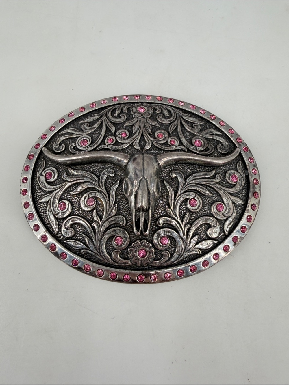 Longhorn Bull Skull Western Cowgirl Belt Buckle Pink Bling Jewel Silver Plated